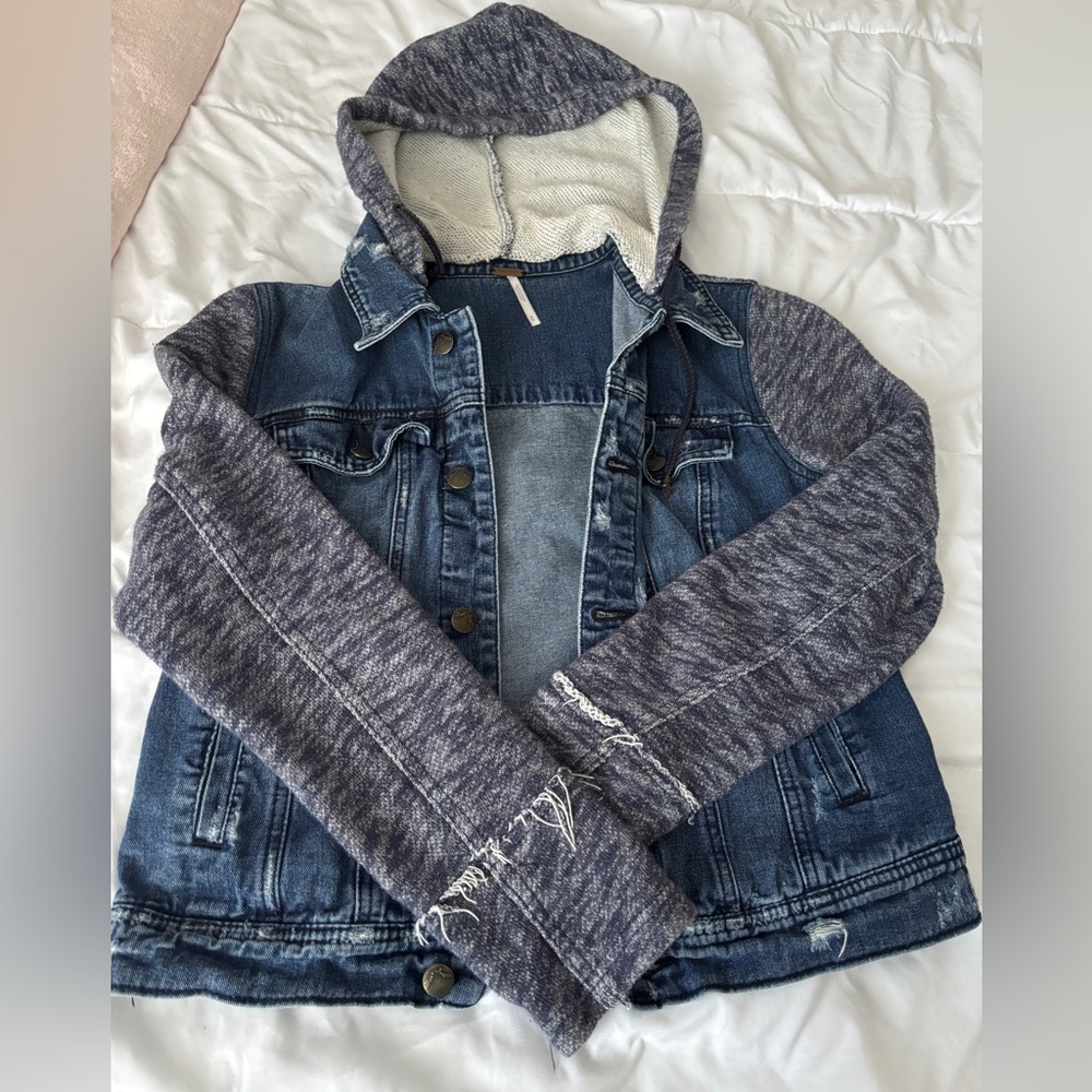 Free People Blue Denim Jacket with Gray Knit Trim